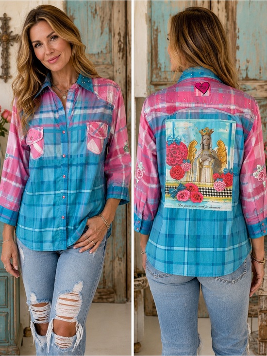 fat rat family Tops - Fat Rat Family Pink Blue Plaid Rhinestone Angel Graphic Snap Button Shirt M/L